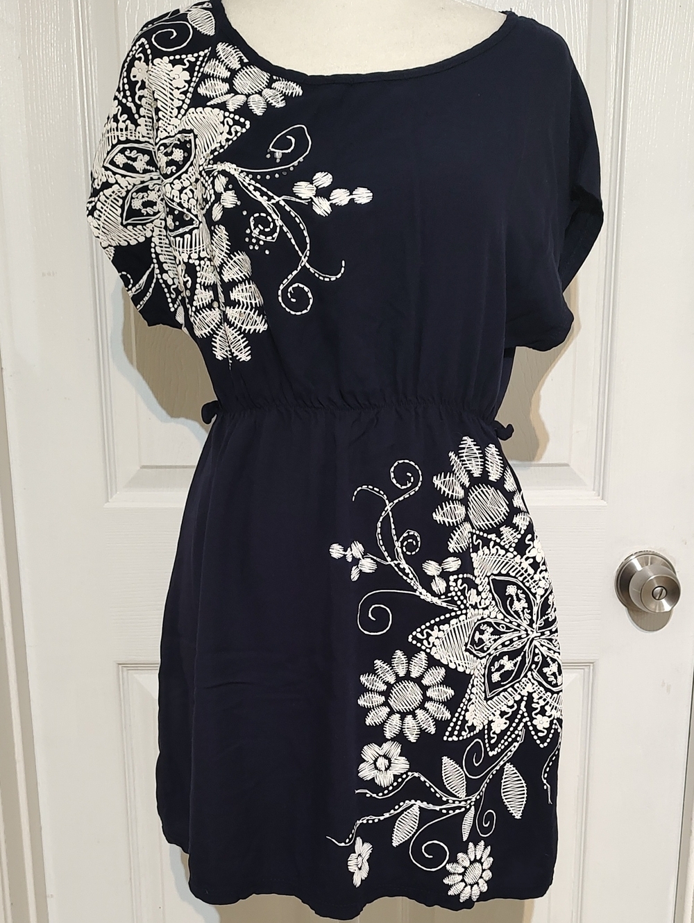 Navy and White Floral Tie-Waist Dress